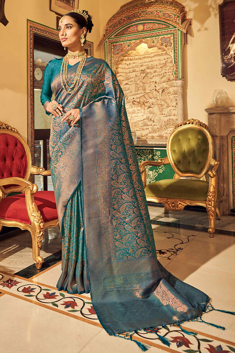 Peacock Blue Woven Kanjivaram Silk Saree