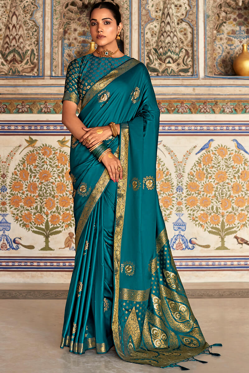 Peacock Blue Zari Woven Pure Satin Silk Saree