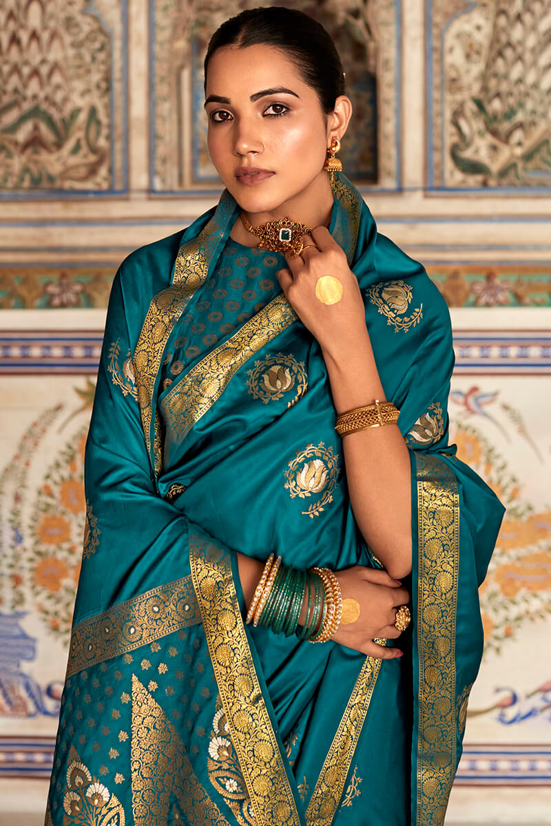 Peacock Blue Zari Woven Pure Satin Silk Saree