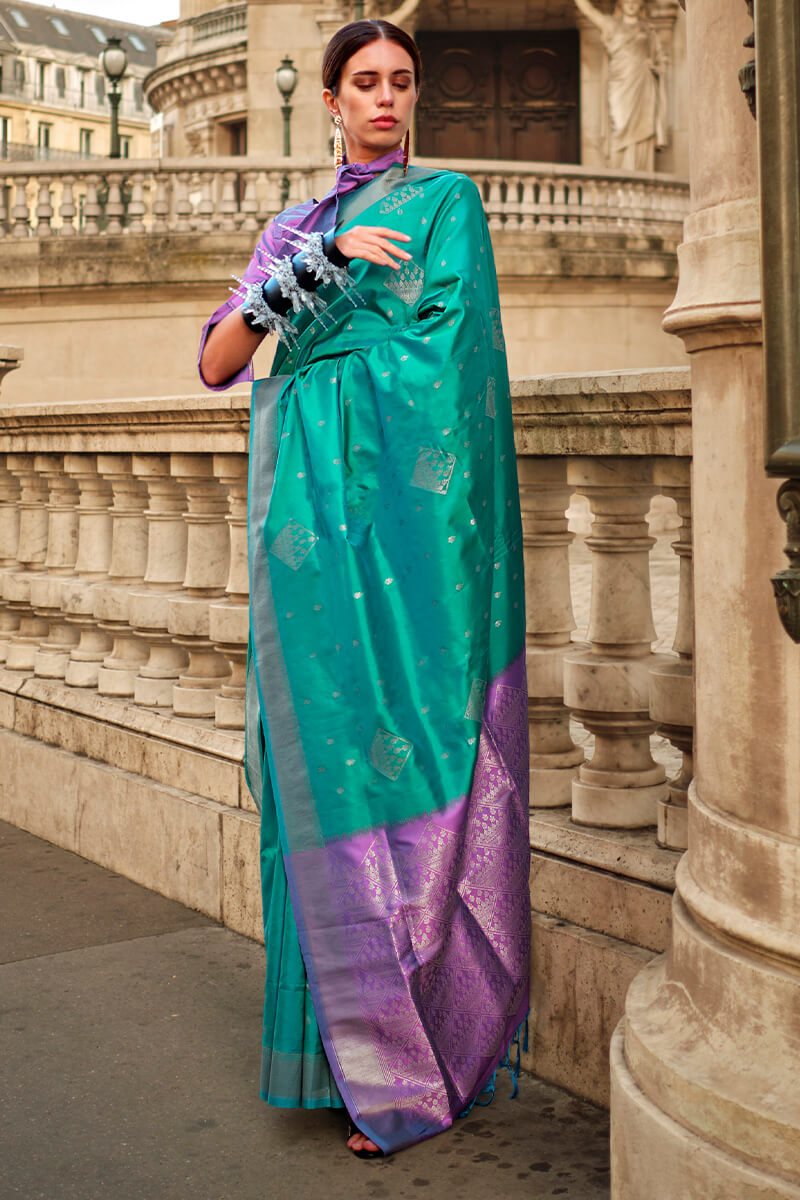 Peacock Green Soft Banarasi Silk Saree