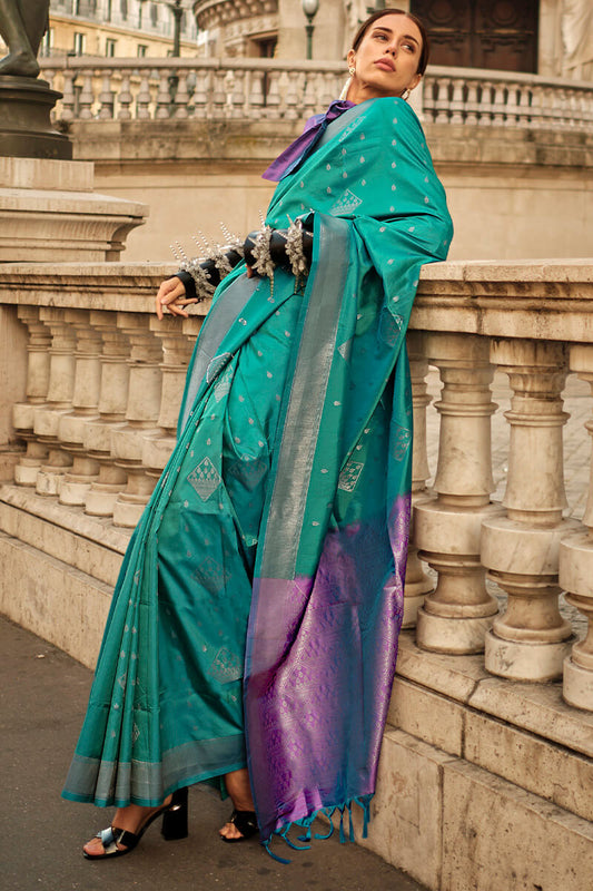 Peacock Green Soft Banarasi Silk Saree