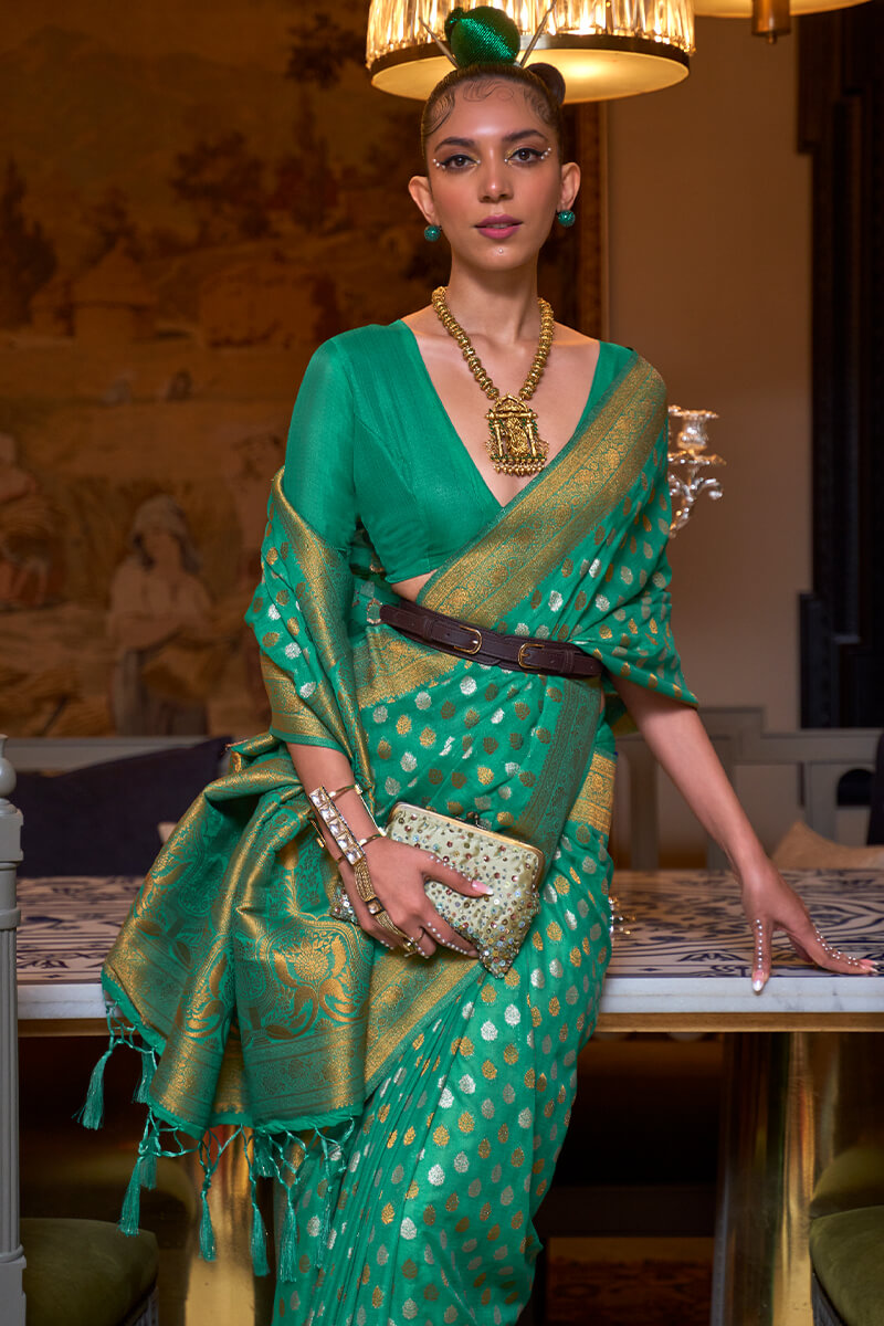 Persian Green Copper Zari Woven Banarasi Silk Saree