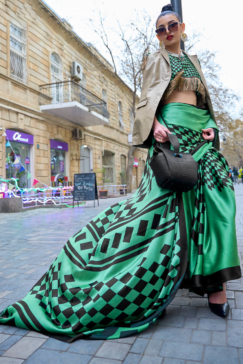 Persian Green Digital Printed Satin Silk Saree