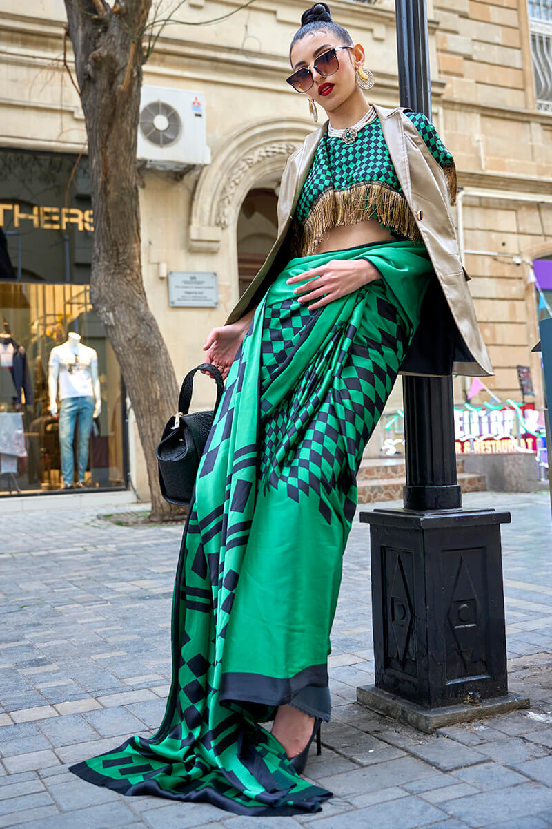 Persian Green Digital Printed Satin Silk Saree