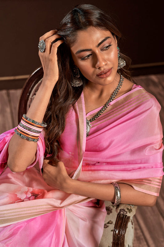 Persian Pink Floral Printed Silk Saree