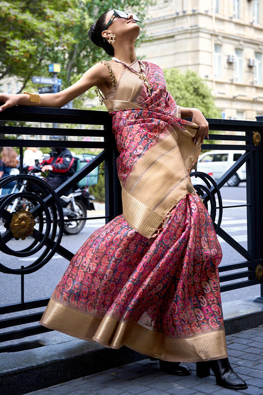 Persian Pink Organza Printed Satin Silk Saree