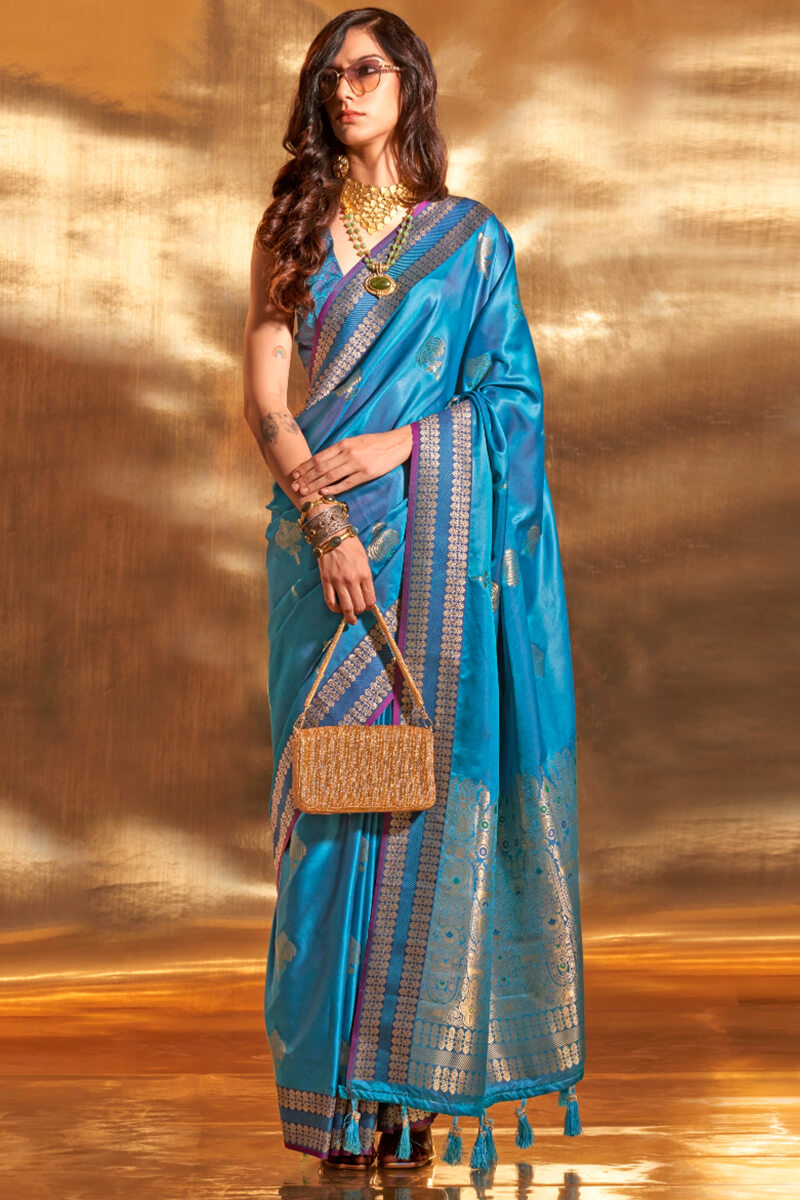 Picton Blue Banarasi Satin Silk Saree