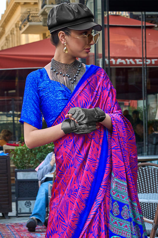 Pink and Blue Printed Satin Silk Saree