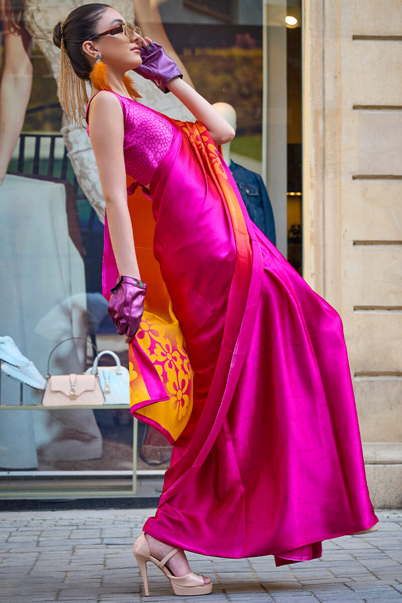 Pink and Orange Printed Satin Silk Saree