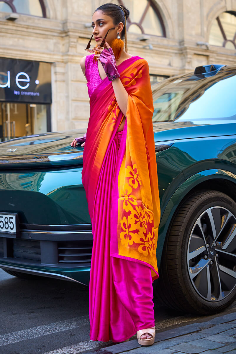 Pink and Orange Printed Satin Silk Saree