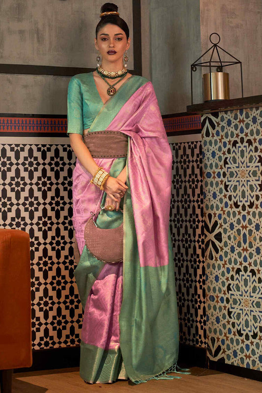 Pink and Pista Zari Woven Banarasi Silk Saree