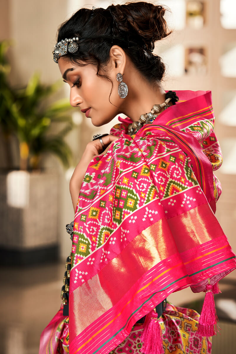 Pink and Yellow Patola Silk Saree