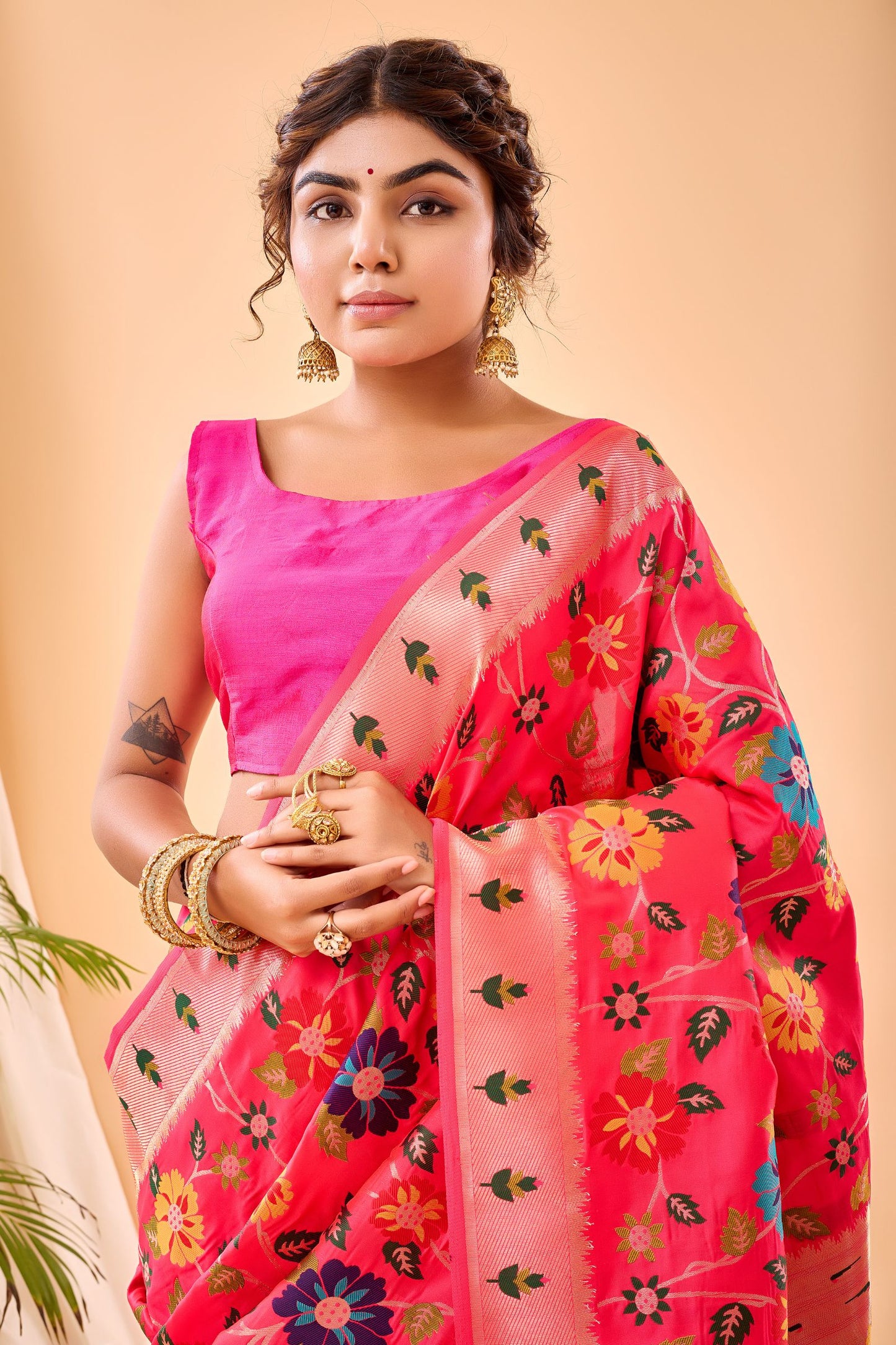 Peachish Pink Paithani Silk Saree with Royal Jaal Work