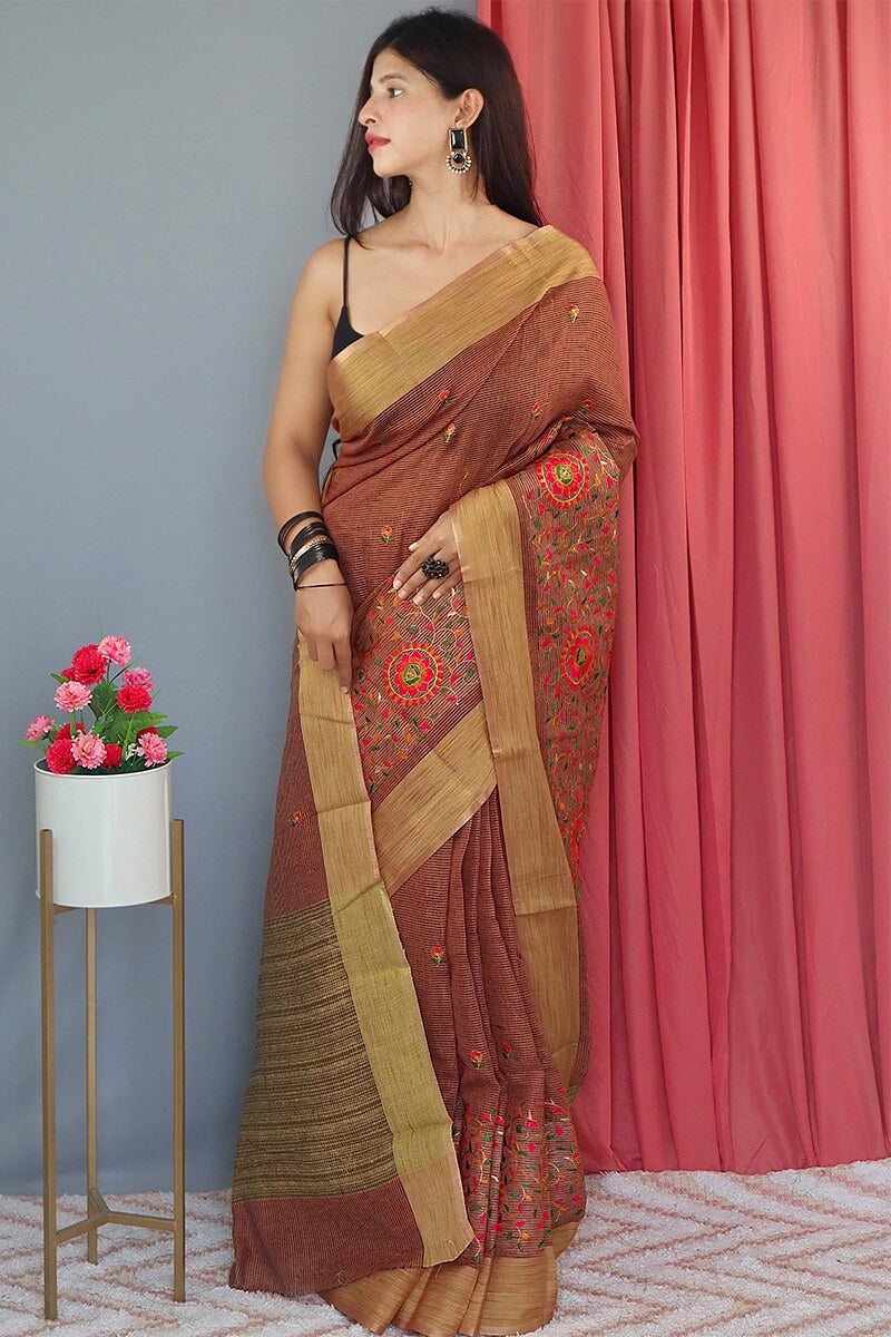 Pinkish Brown Embroidered Work Linen Saree