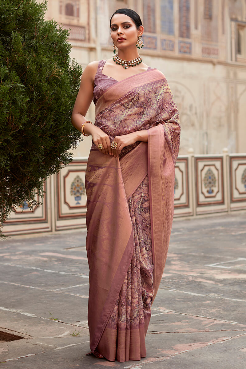 Pinkish Brown Printed Crape Silk Saree