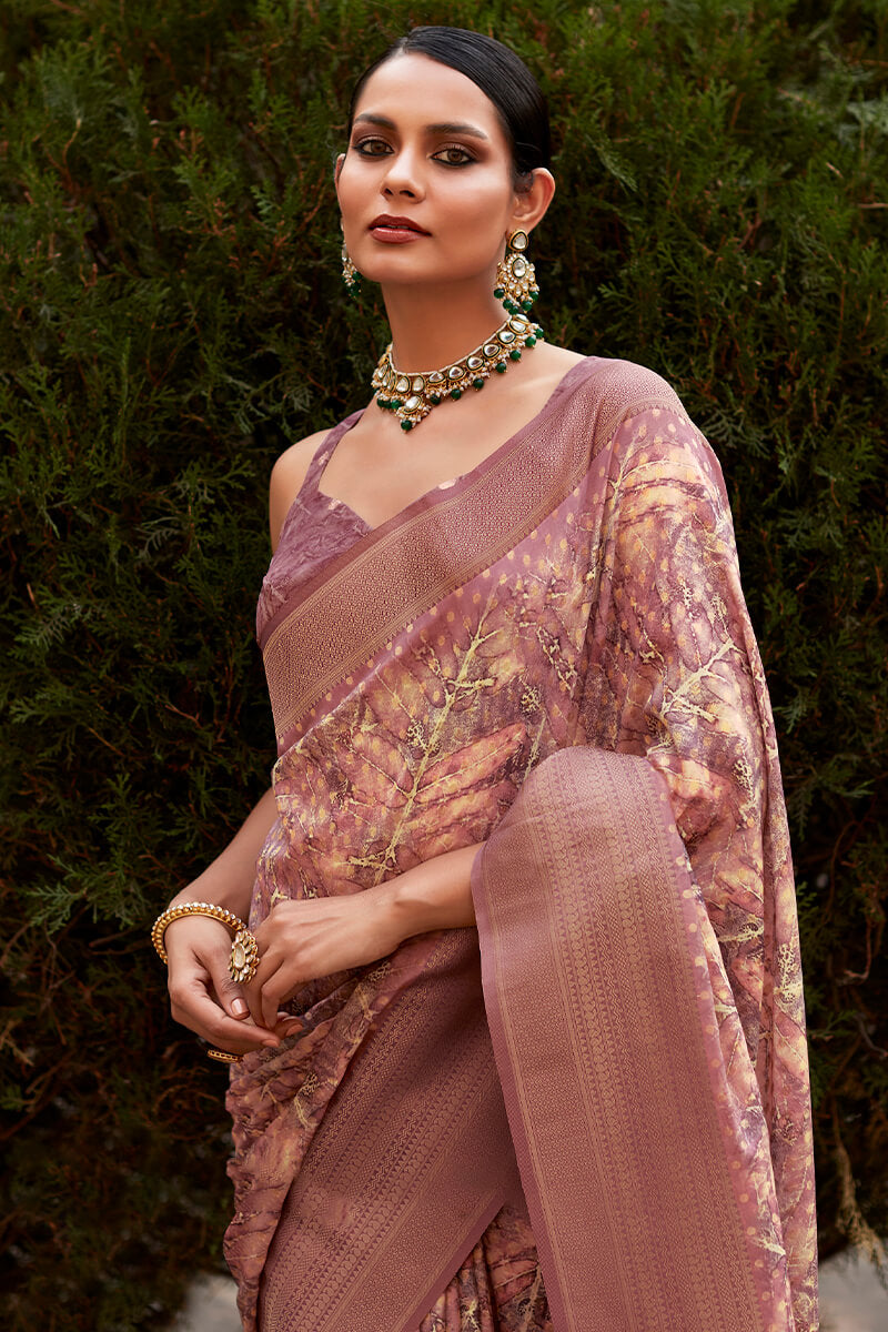 Pinkish Brown Printed Crape Silk Saree