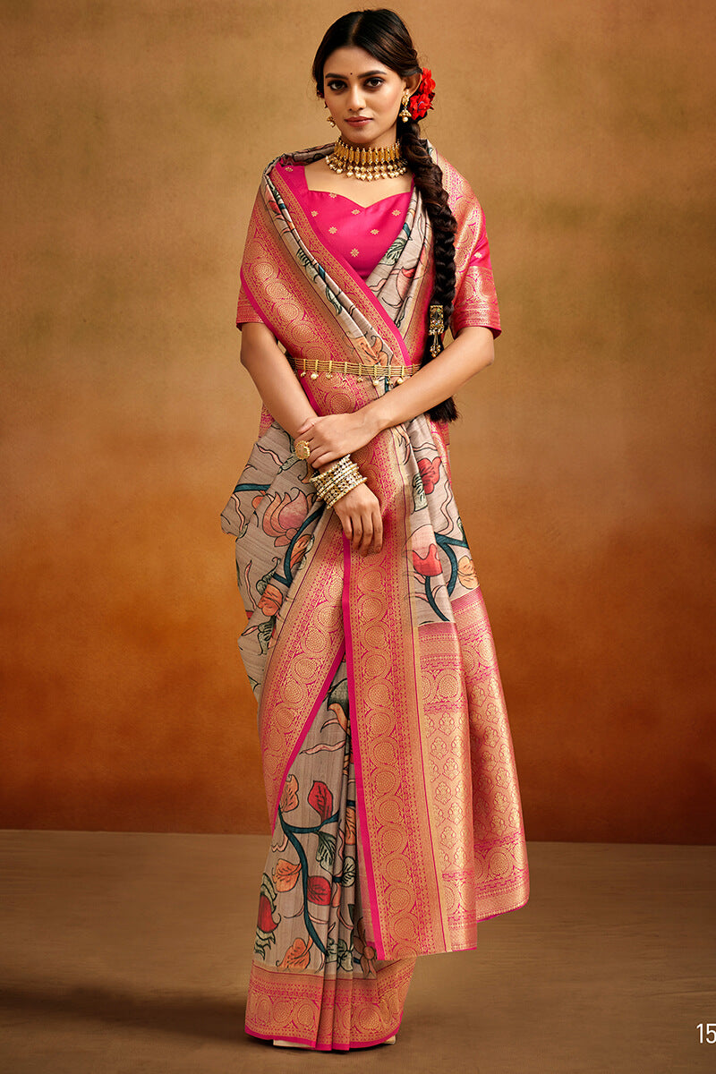 Pinkish Grey Kalamkari Printed Tussar Silk Saree