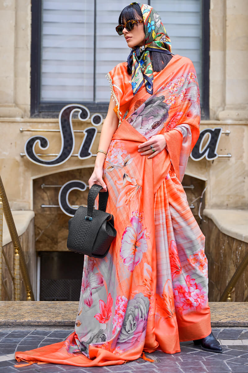 Pinkish Orange Printed Silk Saree