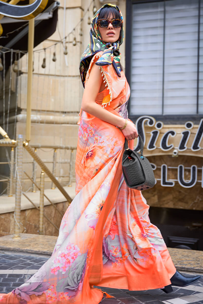 Pinkish Orange Printed Silk Saree