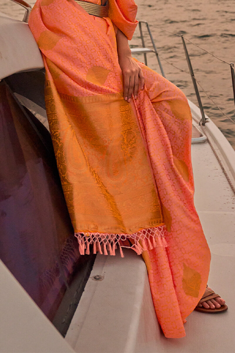 Pinkish Orange Satin Dual Tone Silk Saree