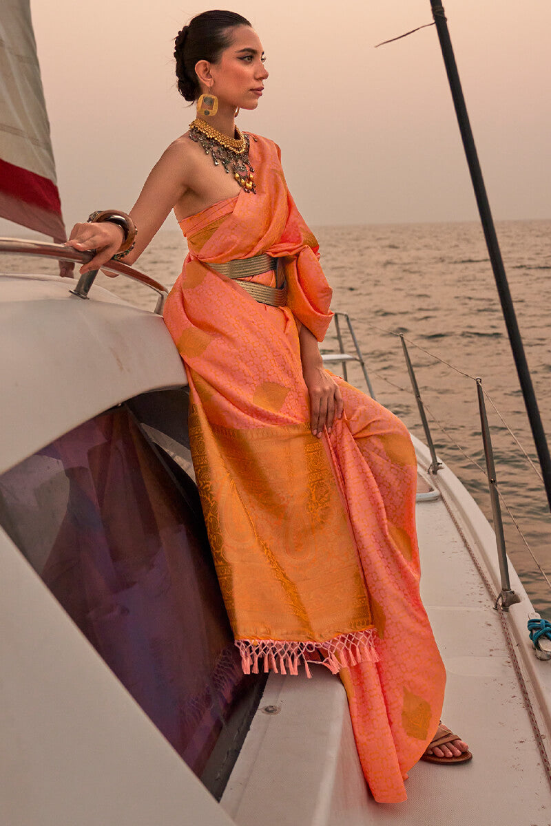 Pinkish Orange Satin Dual Tone Silk Saree