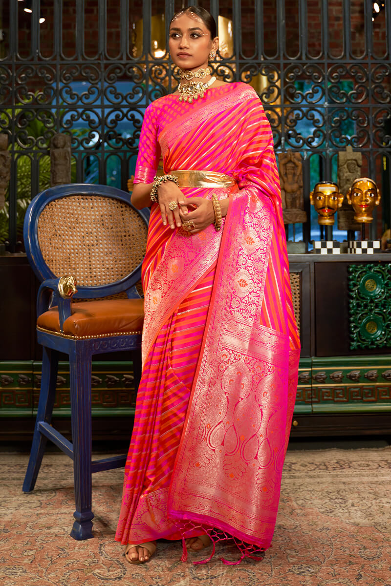 Pinkish Orange Satin Silk Saree