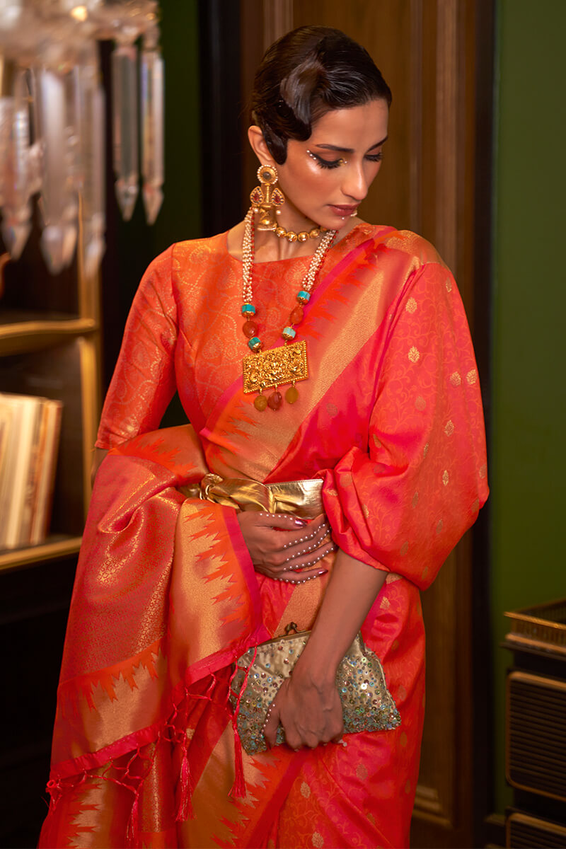 Pinkish Orange Zari Woven Banarasi Silk Saree