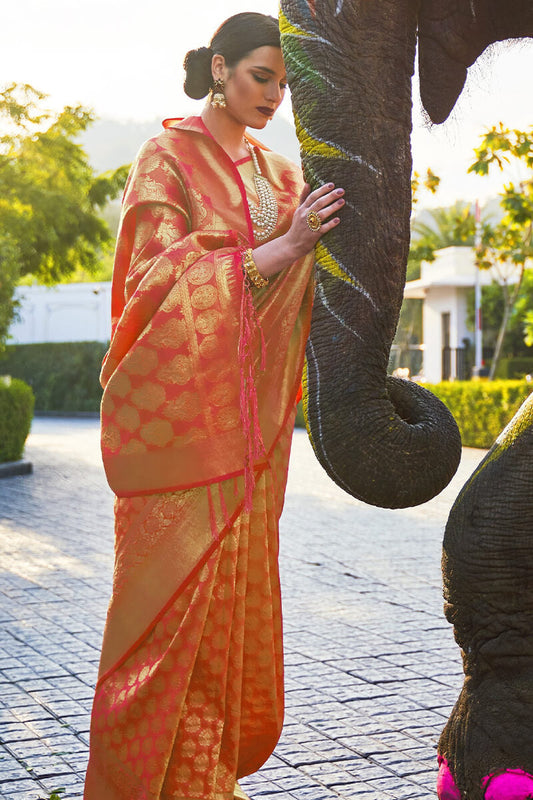 Pinkish Orange Zari Woven Kanjivaram Silk Saree