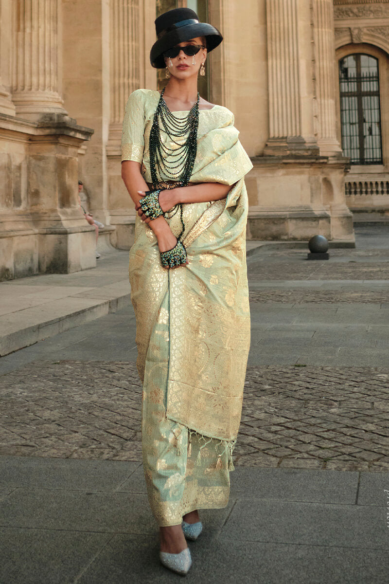 Pistachio Green Gota Zari Woven Banarasi Silk Saree