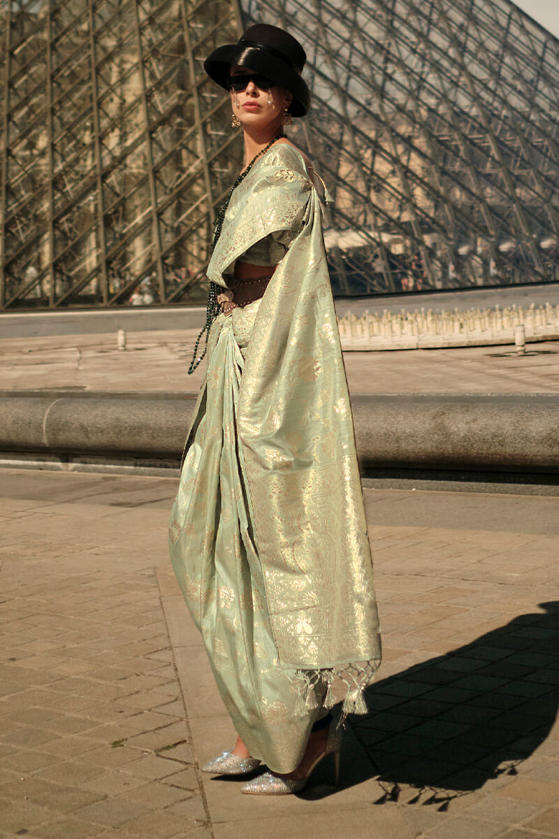 Pistachio Green Gota Zari Woven Banarasi Silk Saree