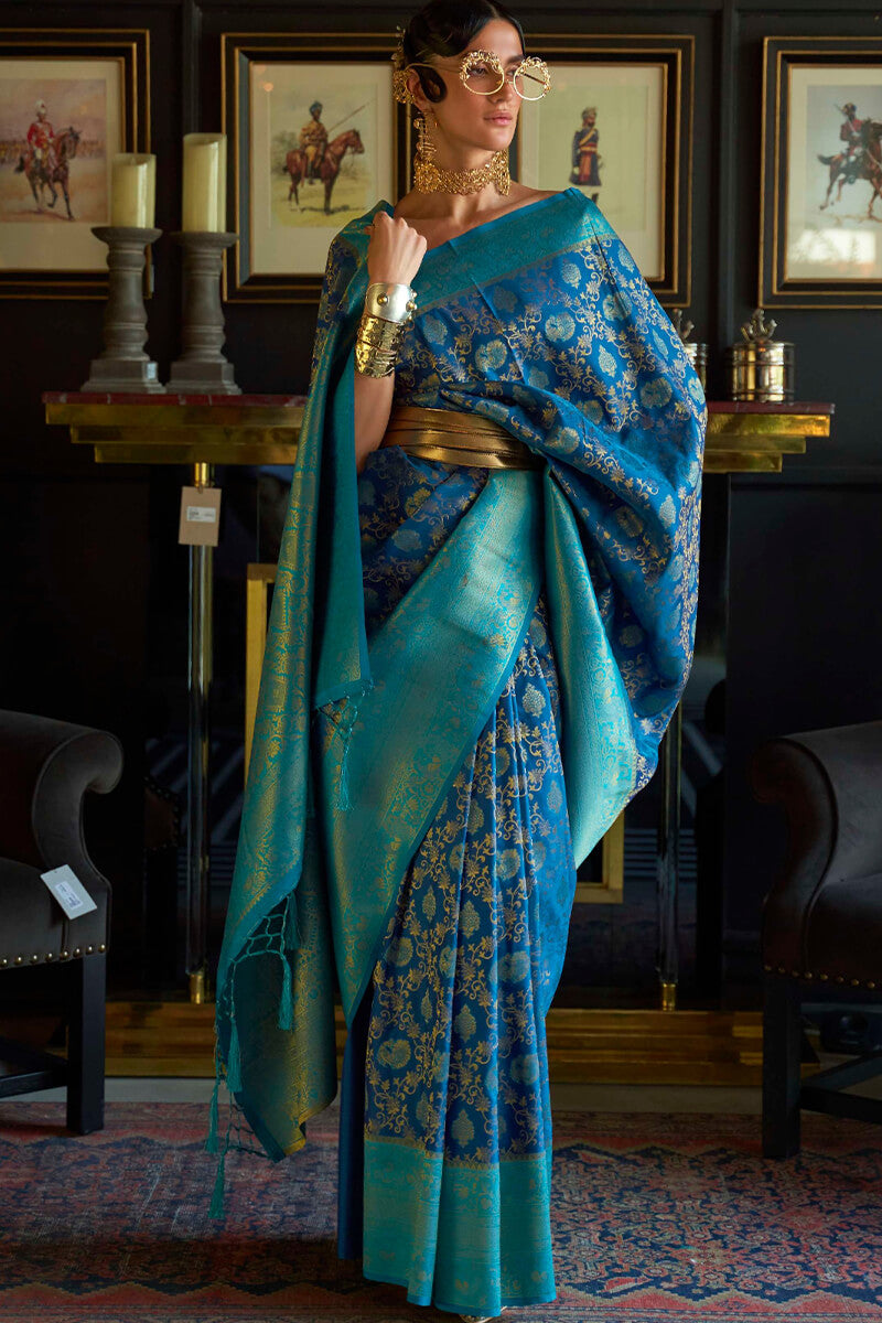 Prussian Blue Kanjivaram Silk Saree