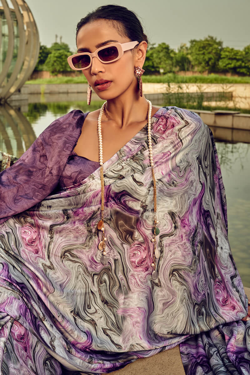 Purple Grey Printed Satin Silk Saree