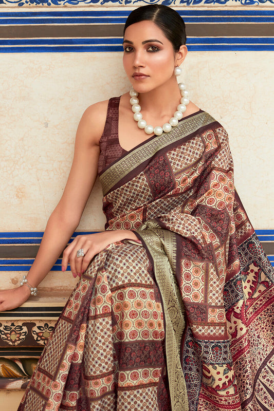 Purplish Brown Printed Dola Silk Saree