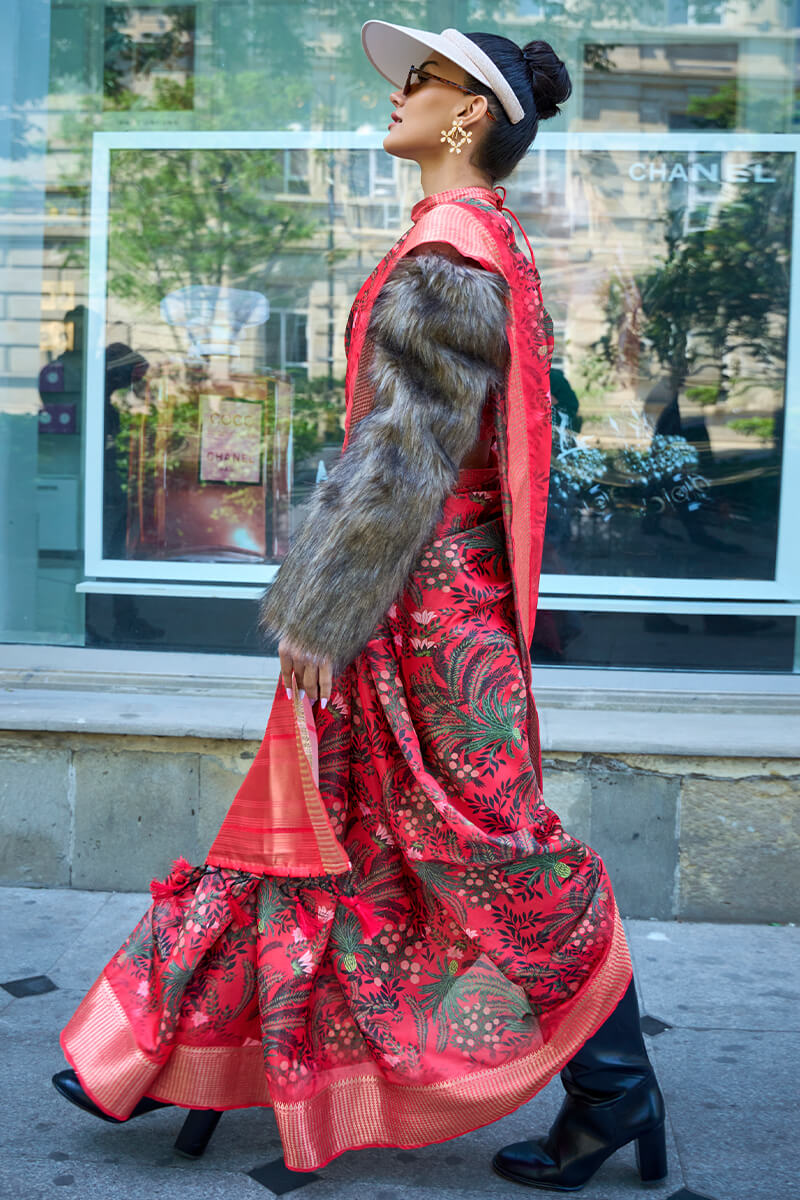 Radical Red Organza Printed Satin Silk Saree