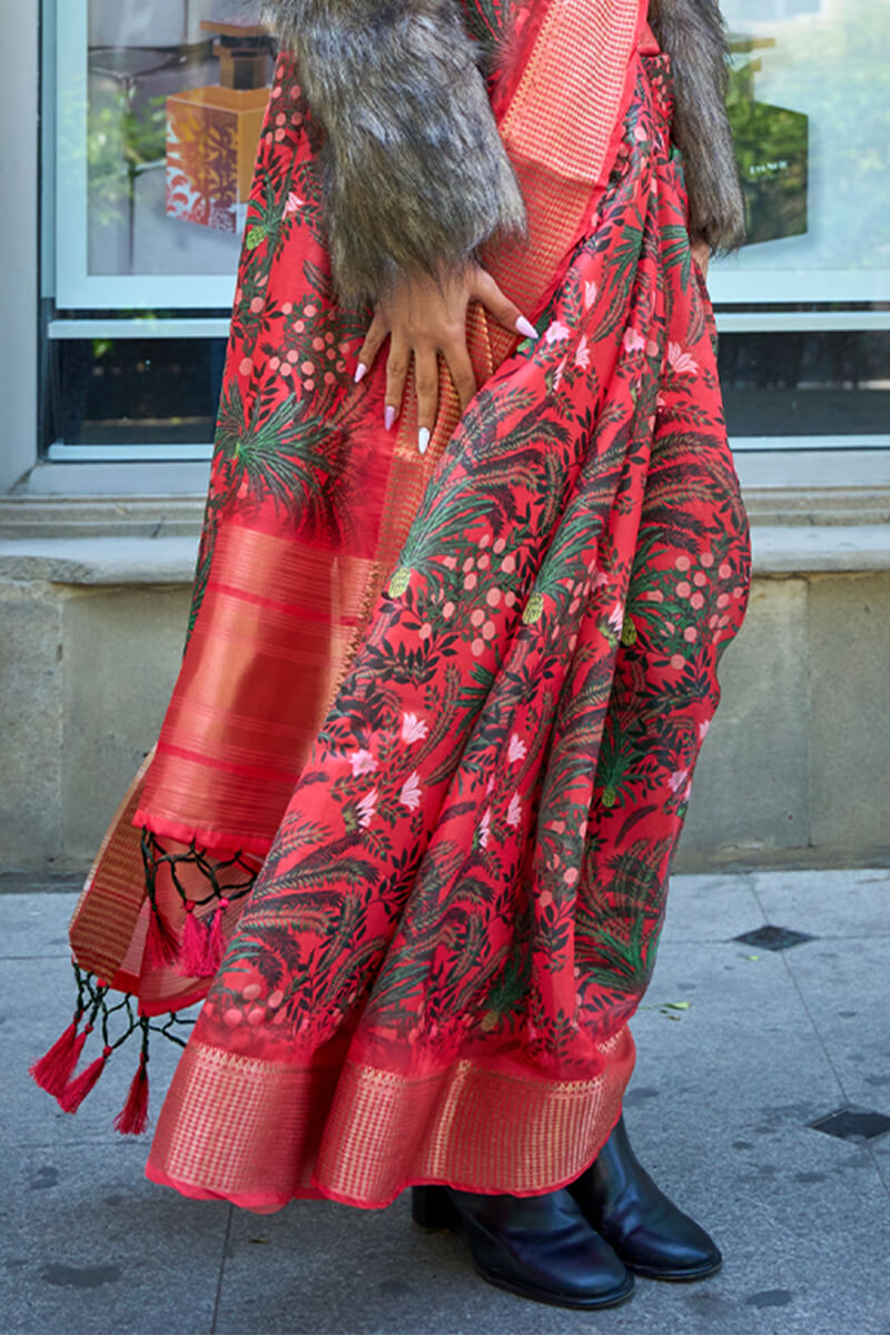 Radical Red Organza Printed Satin Silk Saree