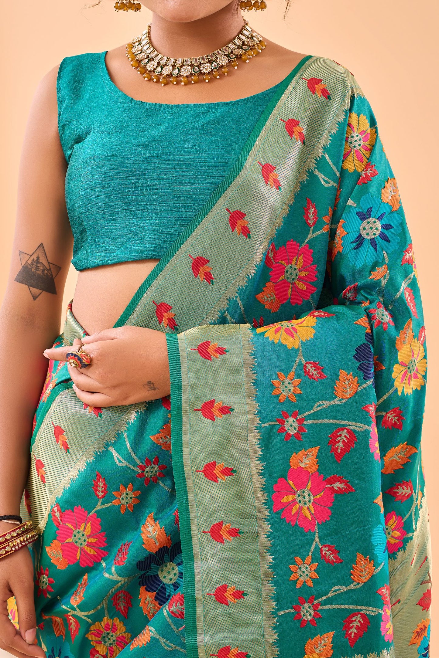 Rama Paithani Silk Saree with Royal Jaal Work