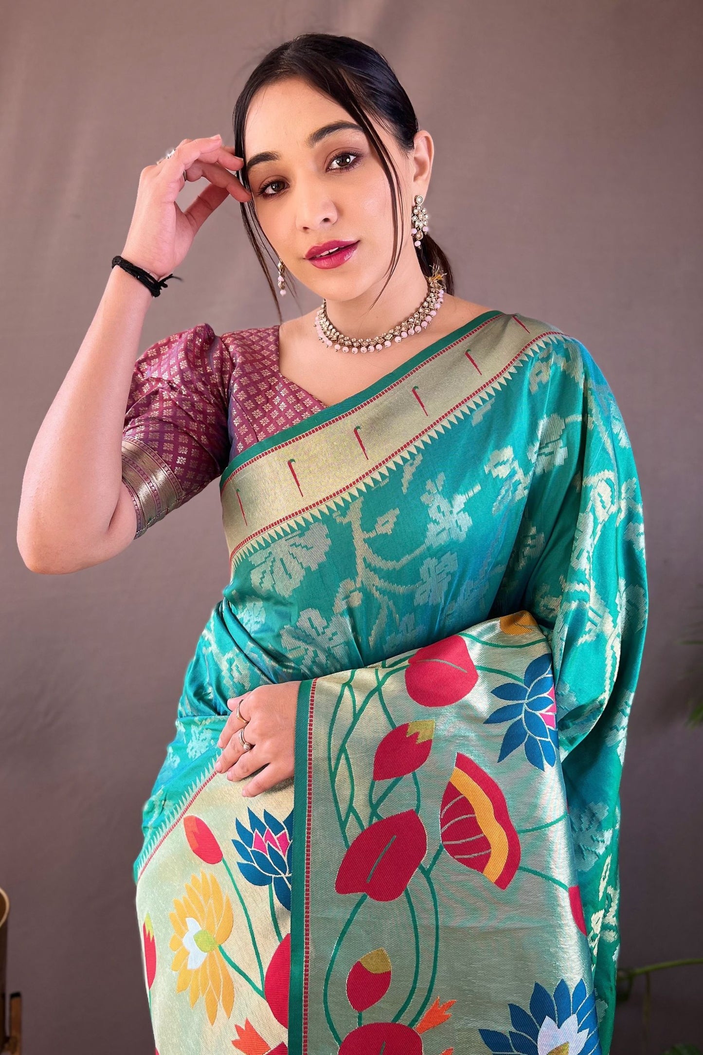 Aqua Green Soft Paithani Silk Saree with Traditional Patterns