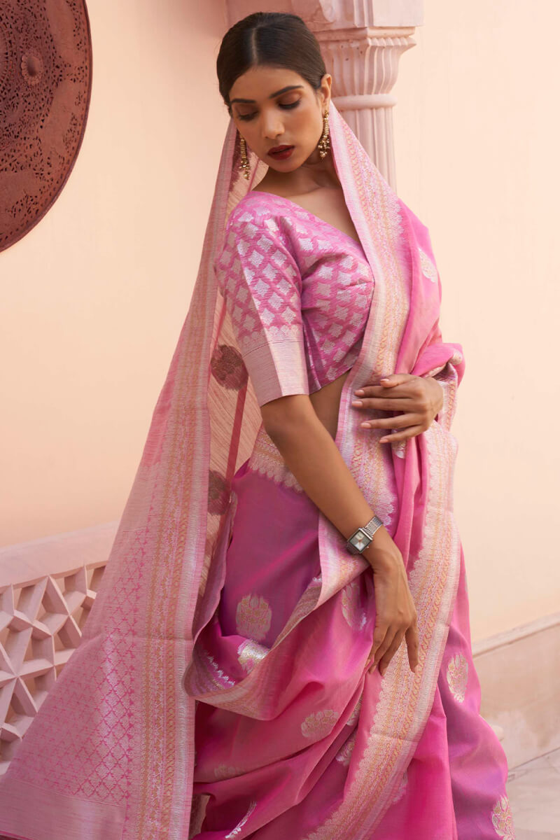 Raspberry Pink Linen Silk Saree