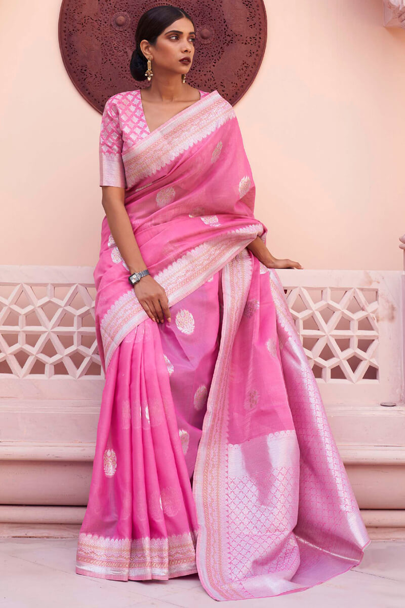 Raspberry Pink Linen Silk Saree