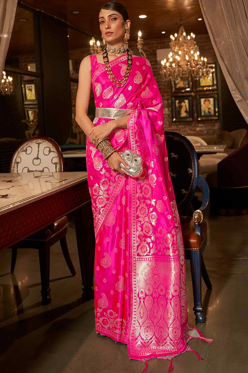 Raspberry Pink Zari Woven Satin Silk Saree