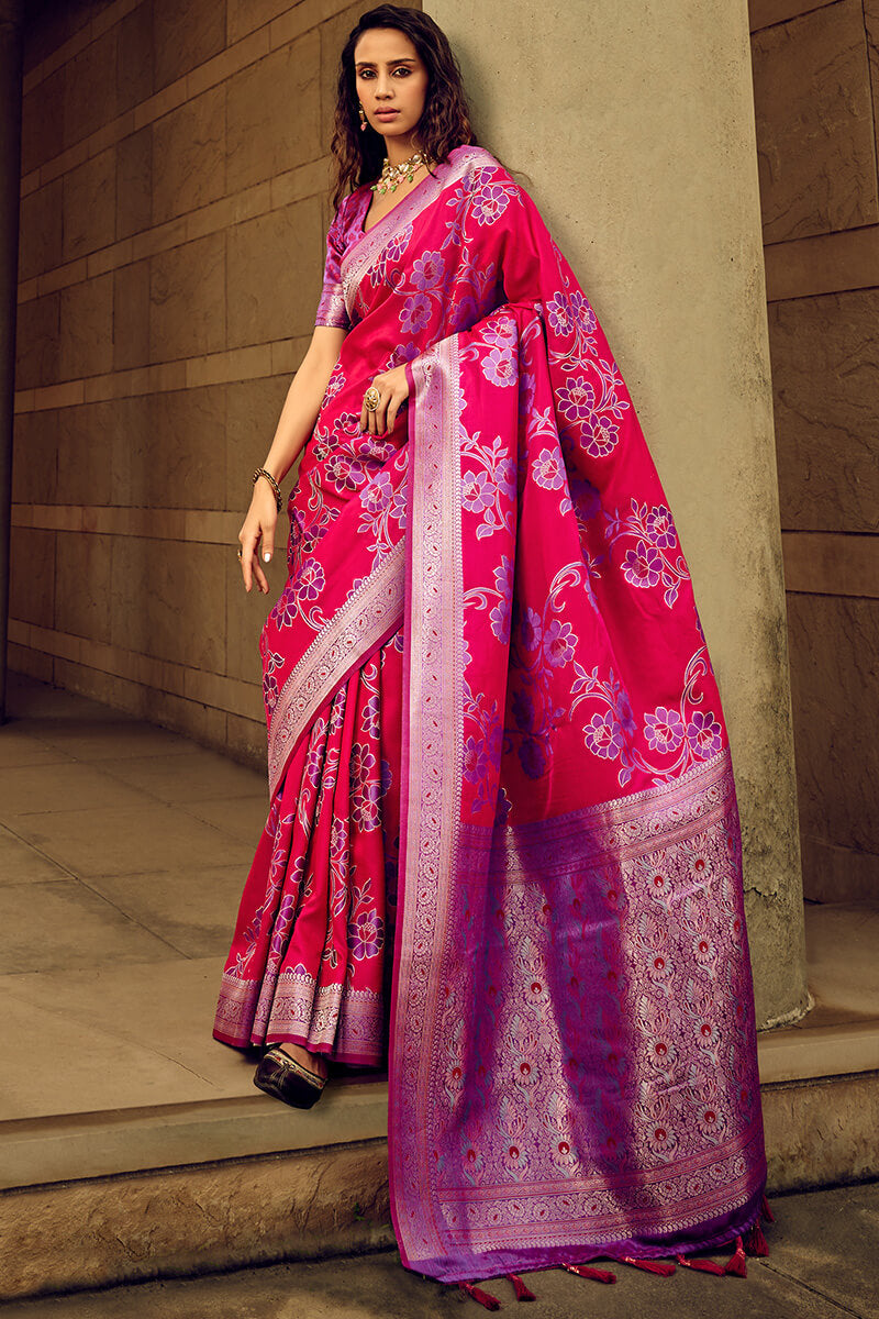 Razzmatazz Pink Banarasi Satin Silk Saree