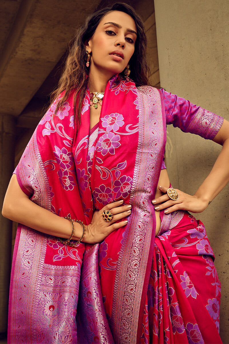 Razzmatazz Pink Banarasi Satin Silk Saree