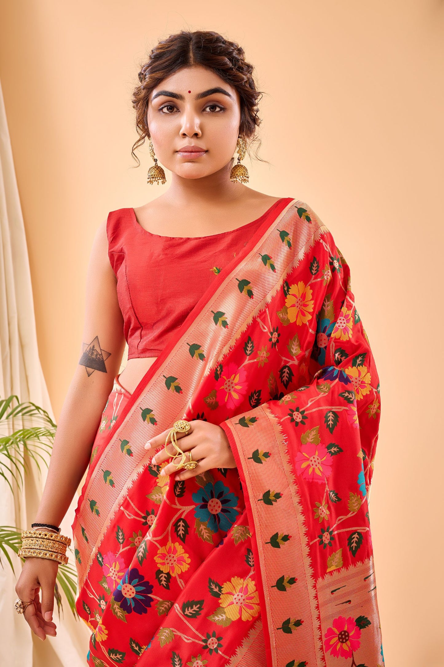 Tomato Red Paithani Silk Saree with Royal Jaal Work