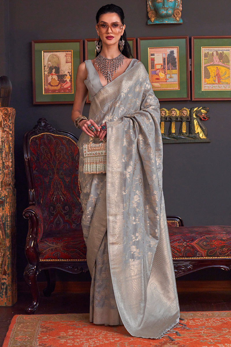 Regent Grey Zari Woven Banarasi Silk Saree