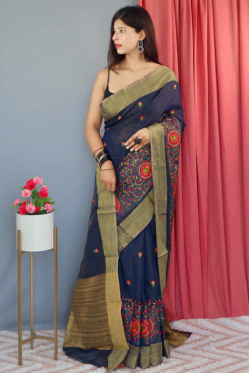 Rhino Blue Embroidered Work Linen Saree