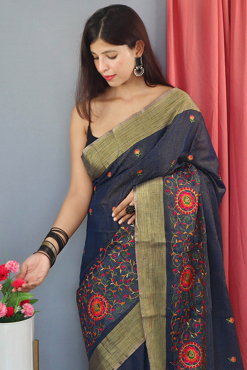 Rhino Blue Embroidered Work Linen Saree