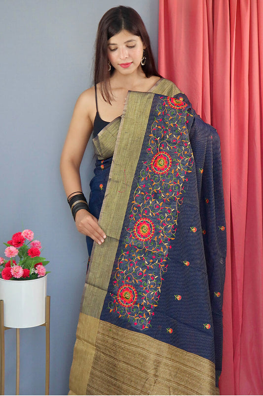 Rhino Blue Embroidered Work Linen Saree