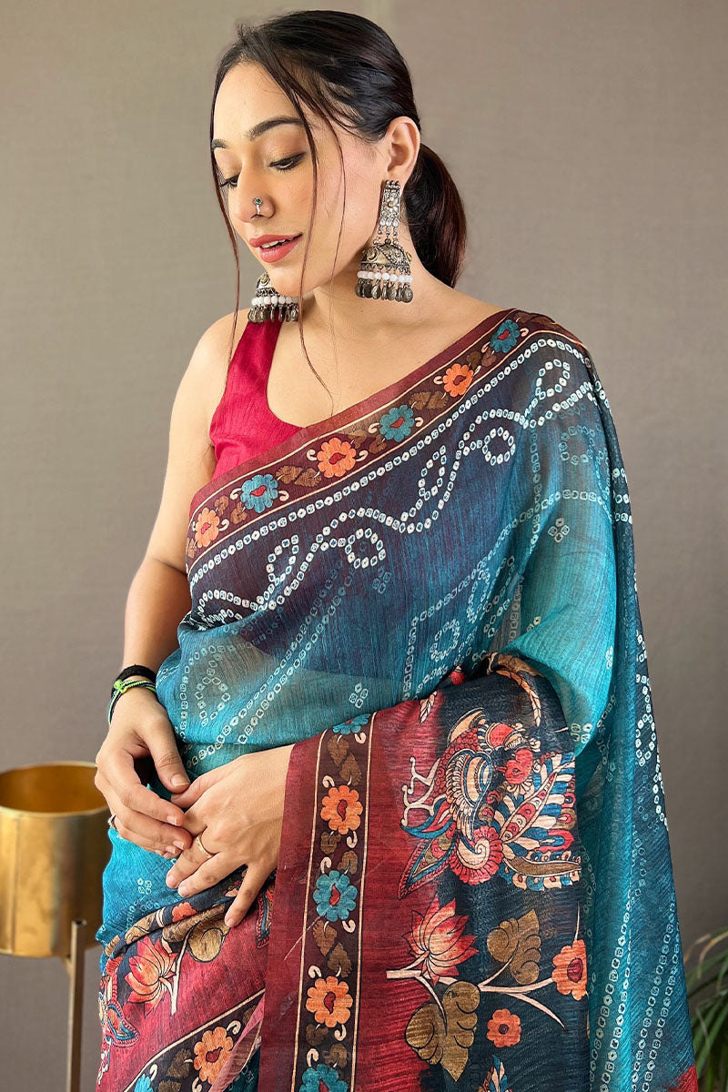 Rhino Blue Printed Cotton Silk Saree