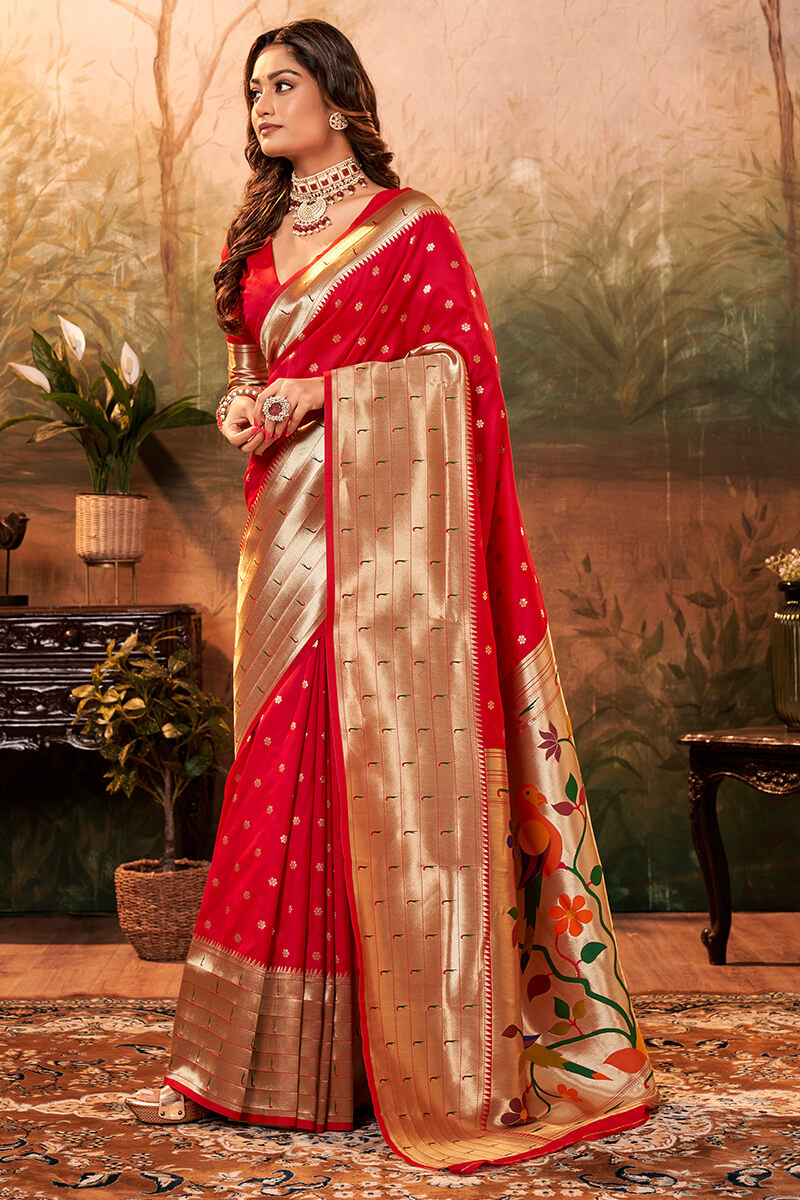 Rich Carmine Red Paithani Silk Saree