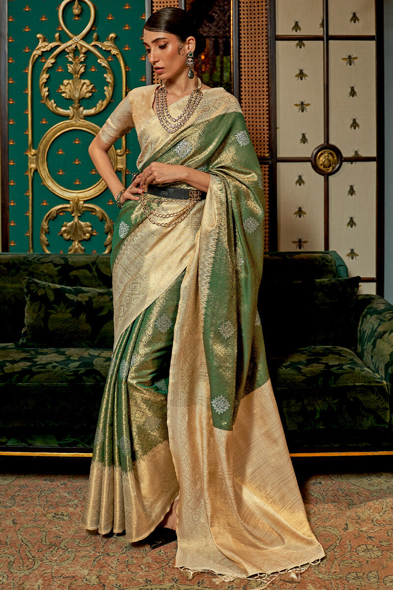 Rifle Green And Beige Kanjivaram Silk Saree